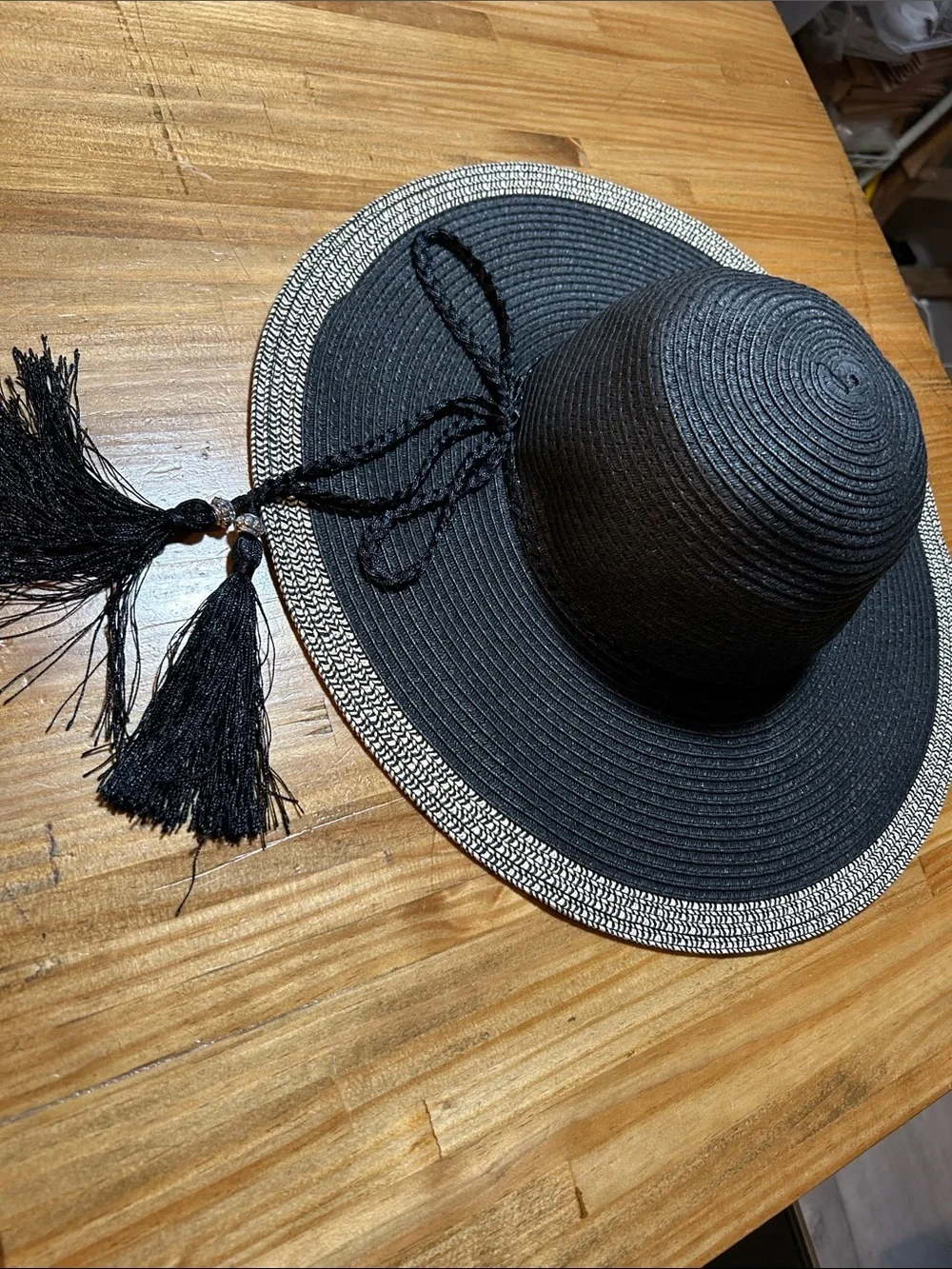 Wide-Brim Black Tassel Sun Hat Beach Vacation
